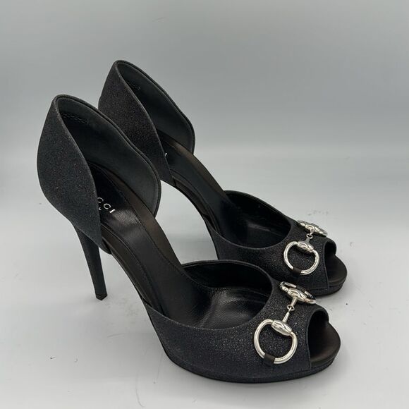 GUCCI Black Glitter Stardust Nappa Charlotte Nero Open Toe Pumps Size 38/ US 8 - Picture 12 of 12